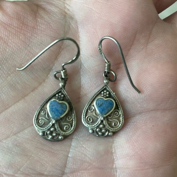 Ornate Sterling Silver & Lapis Inlay Earrings - Picture 1 of 3
